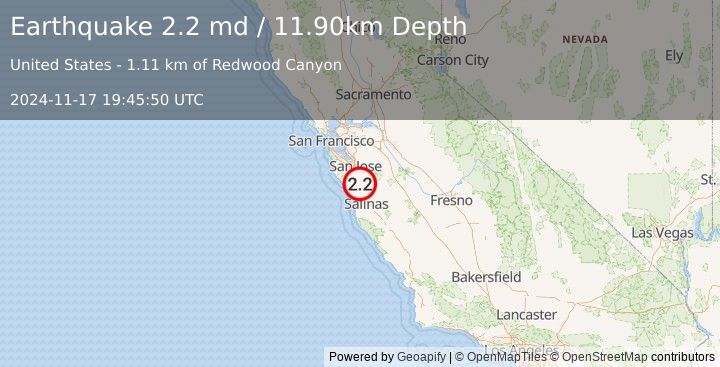 Earthquake NORTHERN CALIFORNIA (2.2 md) (2024-11-17 19:45:50 UTC)