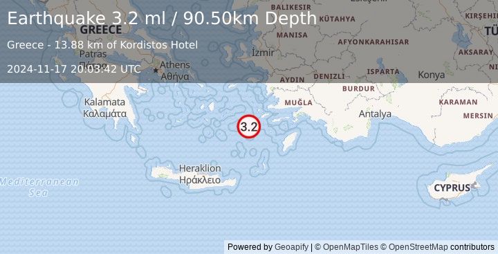 Earthquake DODECANESE ISLANDS, GREECE (3.2 ml) (2024-11-17 20:03:42 UTC)