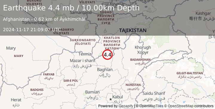 Earthquake HINDU KUSH REGION, AFGHANISTAN (4.4 mb) (2024-11-17 21:09:07 UTC)