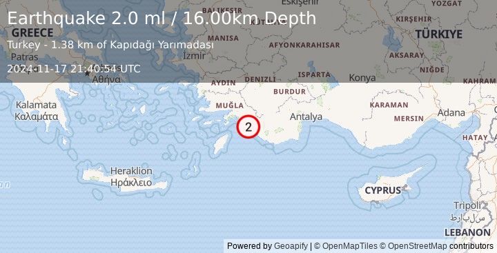 Earthquake DODECANESE IS.-TURKEY BORDER REG (2.0 ml) (2024-11-17 21:40:54 UTC)