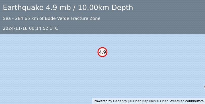 Earthquake SOUTHERN MID-ATLANTIC RIDGE (4.9 mb) (2024-11-18 00:14:52 UTC)