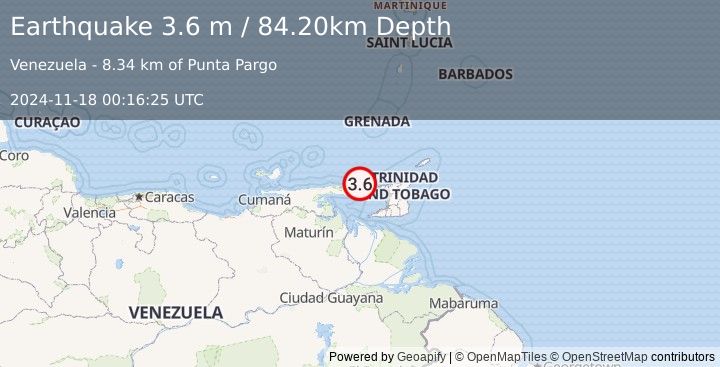 Earthquake OFFSHORE SUCRE, VENEZUELA (3.6 m) (2024-11-18 00:16:25 UTC)