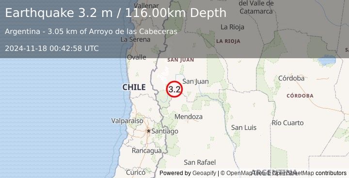 Earthquake SAN JUAN, ARGENTINA (3.2 m) (2024-11-18 00:42:58 UTC)