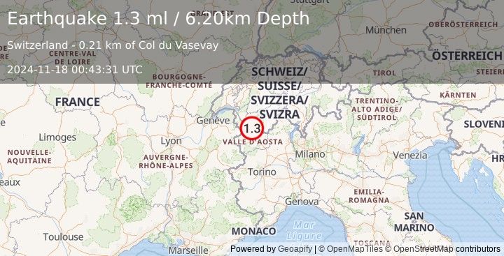 Earthquake SWITZERLAND (1.3 ml) (2024-11-18 00:43:31 UTC)