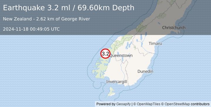 Earthquake SOUTH ISLAND OF NEW ZEALAND (3.2 ml) (2024-11-18 00:49:05 UTC)