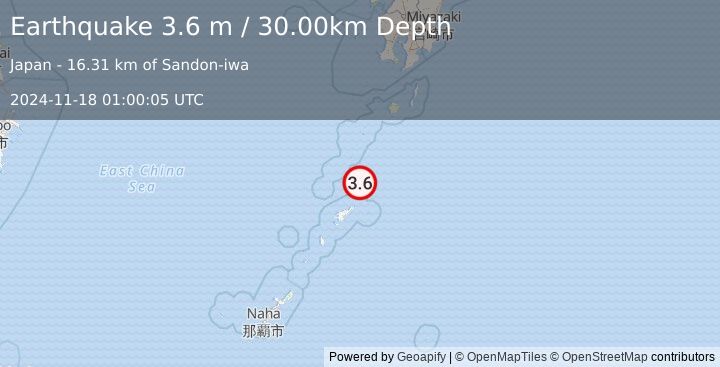 Earthquake RYUKYU ISLANDS, JAPAN (3.6 m) (2024-11-18 01:00:05 UTC)