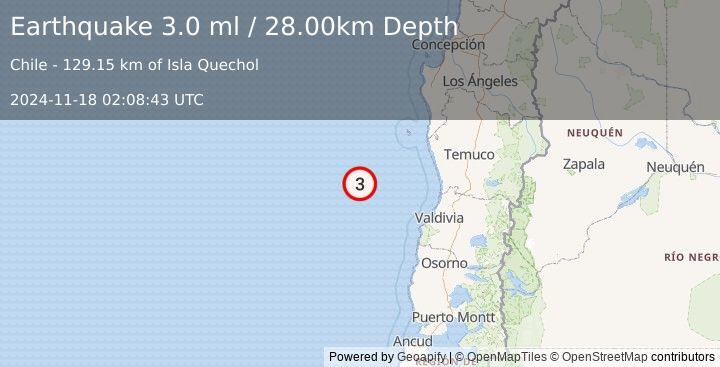 Earthquake OFF COAST OF LOS LAGOS, CHILE (3.0 ml) (2024-11-18 02:08:43 UTC)