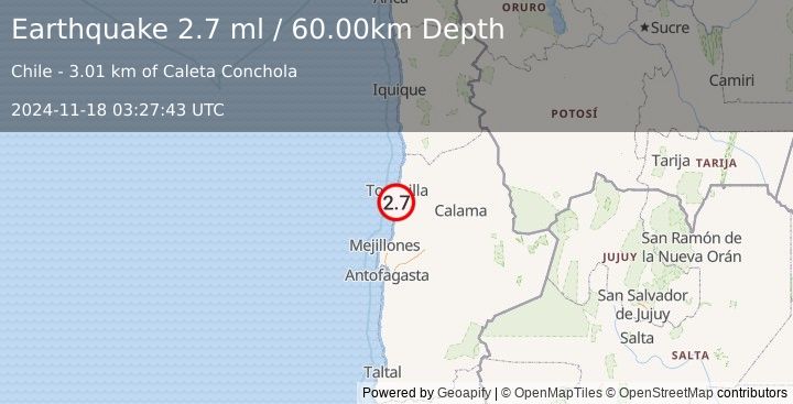 Earthquake ANTOFAGASTA, CHILE (2.7 ml) (2024-11-18 03:27:43 UTC)