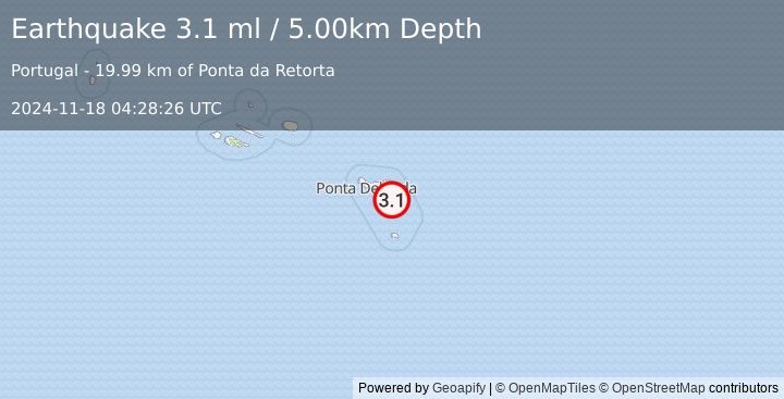 Earthquake AZORES ISLANDS, PORTUGAL (3.1 ml) (2024-11-18 04:28:26 UTC)