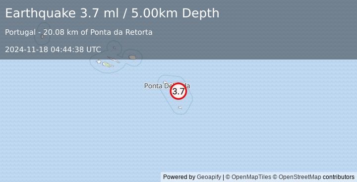 Earthquake AZORES ISLANDS, PORTUGAL (3.7 ml) (2024-11-18 04:44:38 UTC)