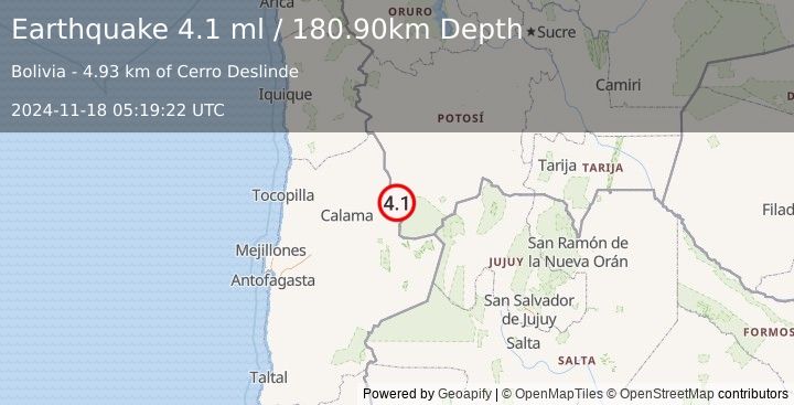 Earthquake ANTOFAGASTA, CHILE (4.1 ml) (2024-11-18 05:19:22 UTC)