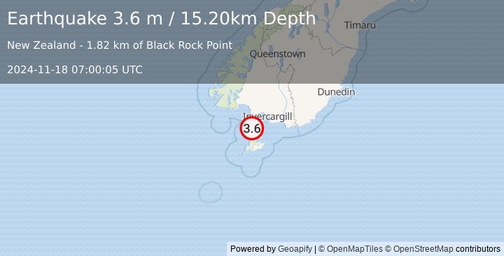 Earthquake OFF W. COAST OF S. ISLAND, N.Z. (3.6 m) (2024-11-18 07:00:05 UTC)