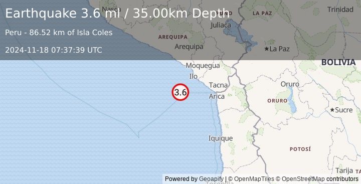 Earthquake OFF COAST OF TARAPACA, CHILE (3.6 ml) (2024-11-18 07:37:39 UTC)