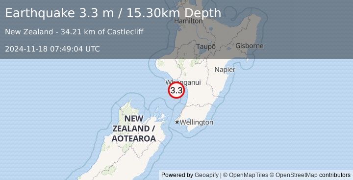 Earthquake COOK STRAIT, NEW ZEALAND (3.3 m) (2024-11-18 07:49:04 UTC)