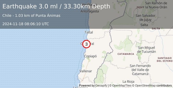 Earthquake OFFSHORE ATACAMA, CHILE (3.0 ml) (2024-11-18 08:06:10 UTC)