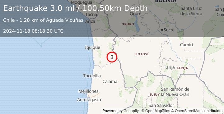 Earthquake TARAPACA, CHILE (3.0 ml) (2024-11-18 08:18:30 UTC)