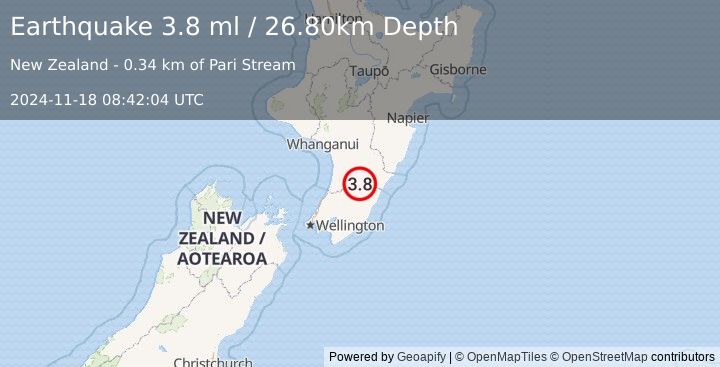 Earthquake NORTH ISLAND OF NEW ZEALAND (3.8 ml) (2024-11-18 08:42:04 UTC)