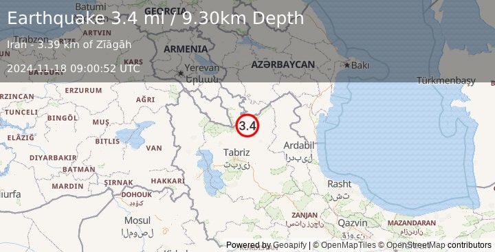 Earthquake NORTHWESTERN IRAN (3.4 ml) (2024-11-18 09:00:52 UTC)