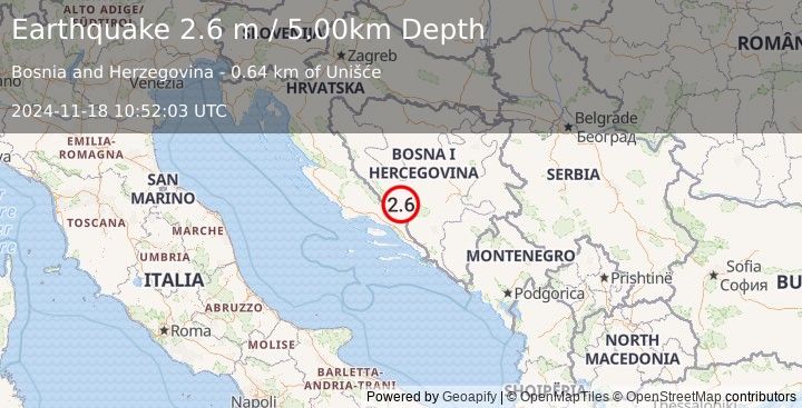 Earthquake BOSNIA AND HERZEGOVINA (2.6 m) (2024-11-18 10:52:03 UTC)