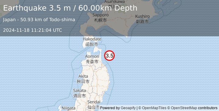 Earthquake HOKKAIDO, JAPAN REGION (3.5 m) (2024-11-18 11:21:04 UTC)