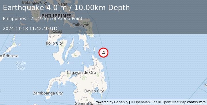 Earthquake MINDANAO, PHILIPPINES (4.0 m) (2024-11-18 11:42:40 UTC)