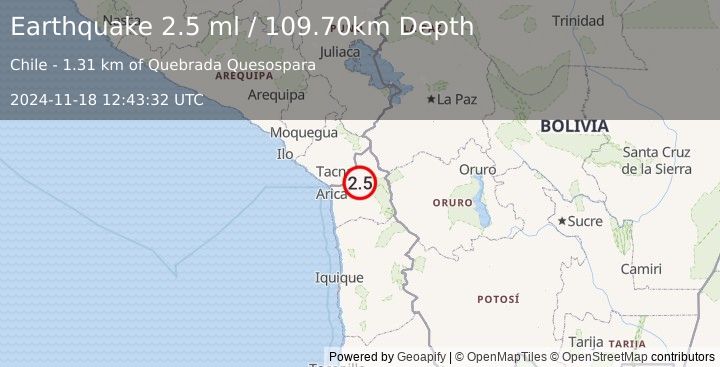 Earthquake TARAPACA, CHILE (2.5 ml) (2024-11-18 12:43:32 UTC)