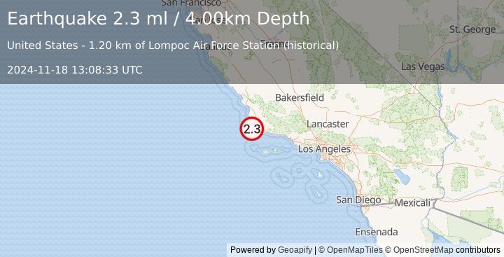 Earthquake CENTRAL CALIFORNIA (2.3 ml) (2024-11-18 13:08:33 UTC)