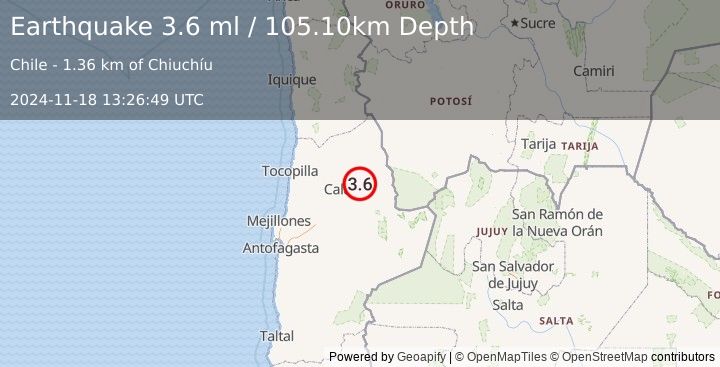 Earthquake ANTOFAGASTA, CHILE (3.6 ml) (2024-11-18 13:26:49 UTC)