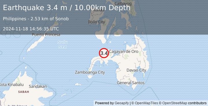 Earthquake MINDANAO, PHILIPPINES (3.4 m) (2024-11-18 14:56:35 UTC)