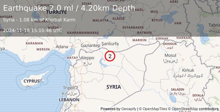 Earthquake TURKEY-SYRIA BORDER REGION (2.0 ml) (2024-11-18 15:10:46 UTC)