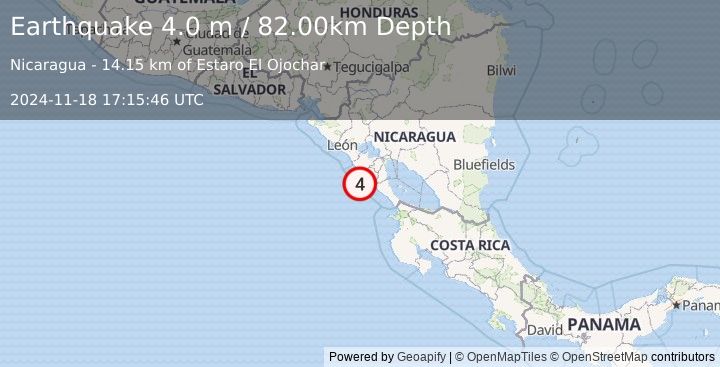 Earthquake NEAR COAST OF NICARAGUA (4.0 m) (2024-11-18 17:15:46 UTC)