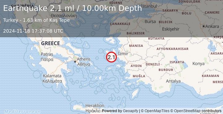 Earthquake NEAR THE COAST OF WESTERN TURKEY (2.1 ml) (2024-11-18 17:37:08 UTC)