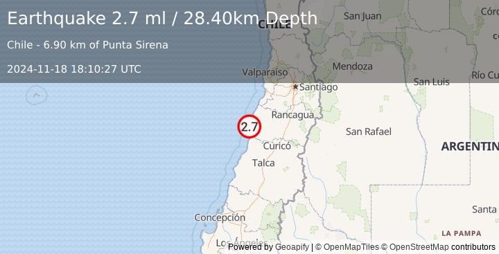 Earthquake OFFSHORE O'HIGGINS, CHILE (2.7 ml) (2024-11-18 18:10:27 UTC)