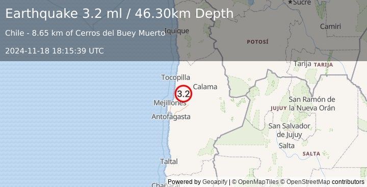 Earthquake ANTOFAGASTA, CHILE (3.2 ml) (2024-11-18 18:15:39 UTC)