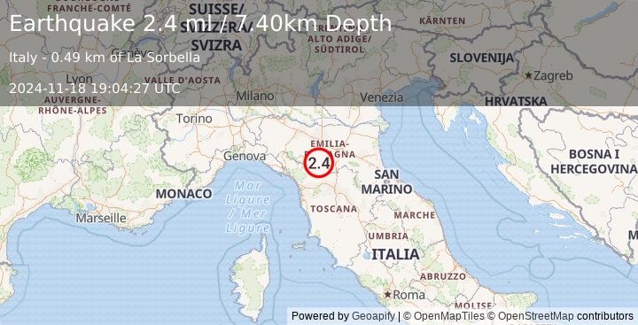 Earthquake NORTHERN ITALY (2.4 ml) (2024-11-18 19:04:27 UTC)