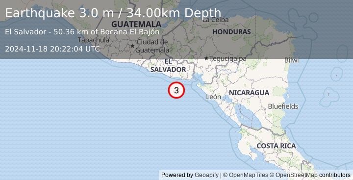 Earthquake OFFSHORE EL SALVADOR (3.0 m) (2024-11-18 20:22:04 UTC)