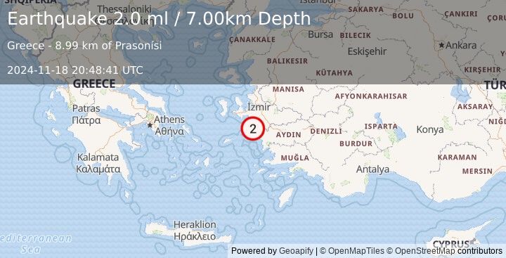 Earthquake DODECANESE ISLANDS, GREECE (2.0 ml) (2024-11-18 20:48:41 UTC)