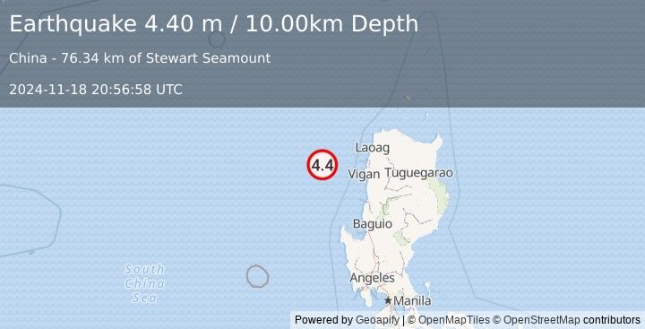 Earthquake PHILIPPINE ISLANDS REGION (4.4 m) (2024-11-18 20:56:58 UTC)