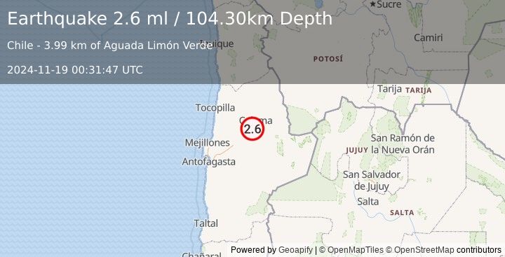 Earthquake ANTOFAGASTA, CHILE (2.6 ml) (2024-11-19 00:31:47 UTC)