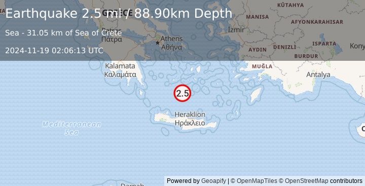 Earthquake SOUTHERN GREECE (2.5 ml) (2024-11-19 02:06:13 UTC)