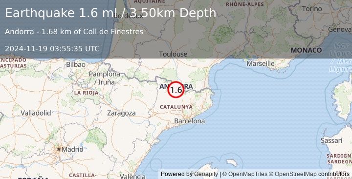 Earthquake PYRENEES (1.6 ml) (2024-11-19 03:55:35 UTC)