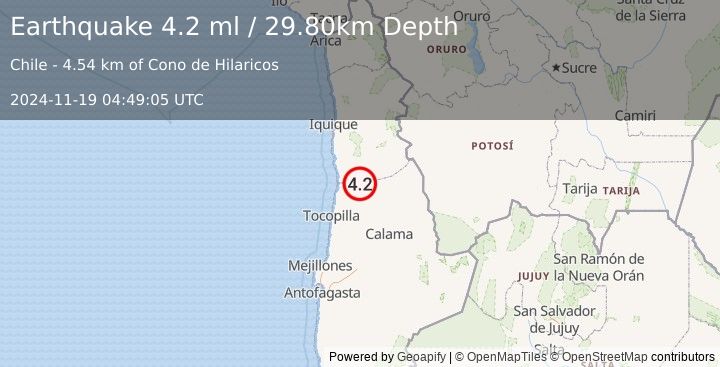 Earthquake TARAPACA, CHILE (4.2 ml) (2024-11-19 04:49:05 UTC)