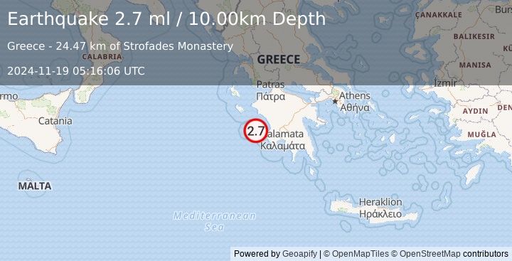 Earthquake SOUTHERN GREECE (2.7 ml) (2024-11-19 05:16:06 UTC)