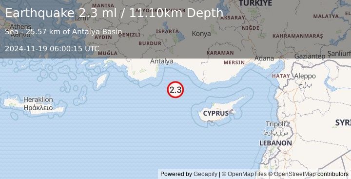 Earthquake CYPRUS REGION (2.3 ml) (2024-11-19 06:00:15 UTC)