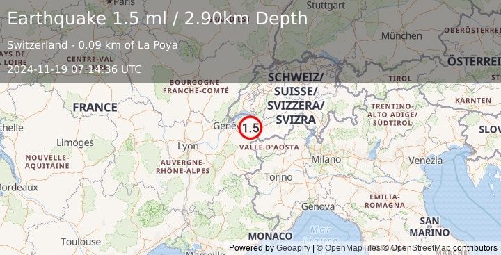 Earthquake SWITZERLAND (1.5 ml) (2024-11-19 07:14:36 UTC)