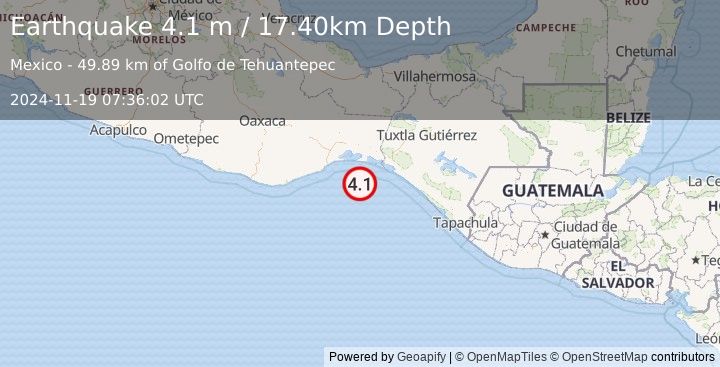 Earthquake OFFSHORE OAXACA, MEXICO (4.1 m) (2024-11-19 07:36:02 UTC)