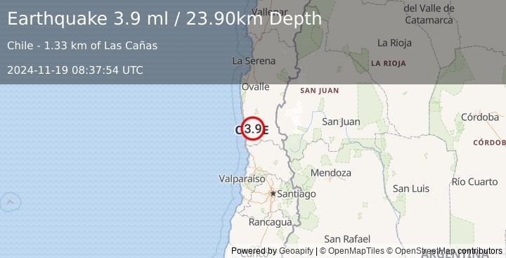 Earthquake COQUIMBO, CHILE (3.9 ml) (2024-11-19 08:37:54 UTC)