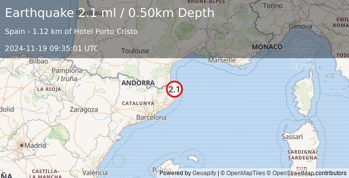 Earthquake PYRENEES (2.1 ml) (2024-11-19 09:35:01 UTC)