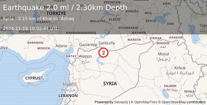 Earthquake TURKEY-SYRIA BORDER REGION (2.0 ml) (2024-11-19 10:02:47 UTC)