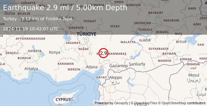 Earthquake CENTRAL TURKEY (2.9 ml) (2024-11-19 10:42:07 UTC)